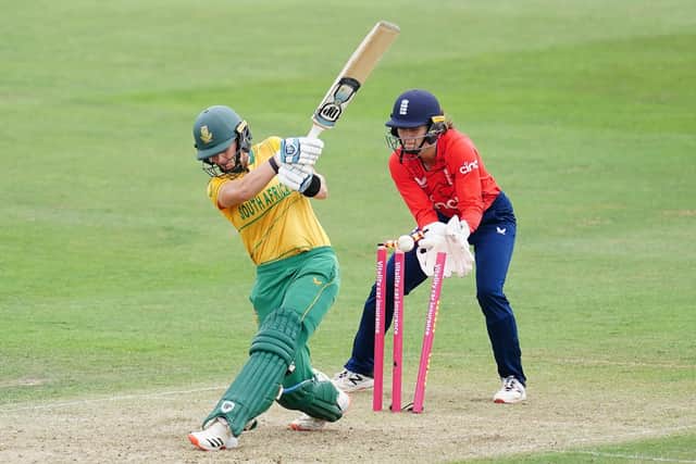 South Africa's Laura Wolvaardt is bowled by England's Katherine Brunt for 21 at New Road, Worcester. Picture: David Davies/PA.