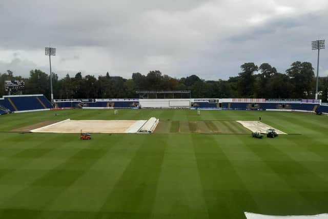 Sophia Gardens cut a damp scene before play got under way on day three. Pic by National World.