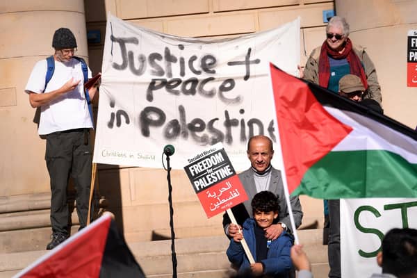 Protest for peace in Palestine outside Sheffield City Hall. Picture taken by Yorkshire Post Photographer Simon Hulme on October 14, 2023.