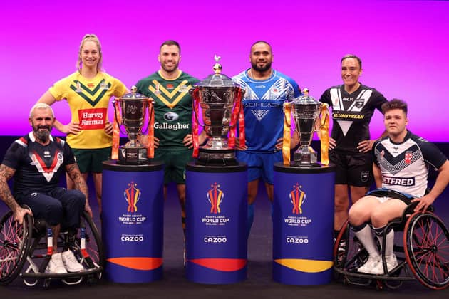 FINAL COUNTDOWN: Gilles Clausells of France, Kezie Apps of Australia, James Tedesco of Australia, Junior Paulo of Samoa ,Krystal Rota of New Zealand and Tom Halliwell of England pictured at the Rugby League World Cup Finals press conference in Manchester. Picture: Nathan Stirk/Getty Images