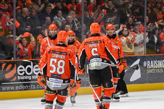 DOUBLE DELIGHT, TAKE TWO: Daniel Ciampini (centre) also scored twice in Saturday's 9-3 demolition of Glasgow Clan by Sheffield Steelers Picture: Dean Woolley/Steelers Media