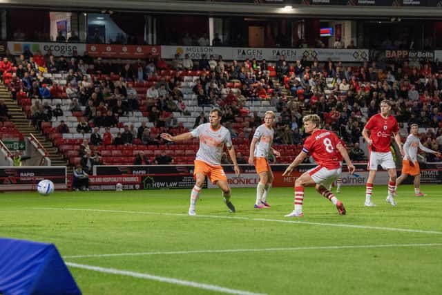 Barnsley captain Cameron McGeehan puts the hosts in front. Photo: Tony Johnson.