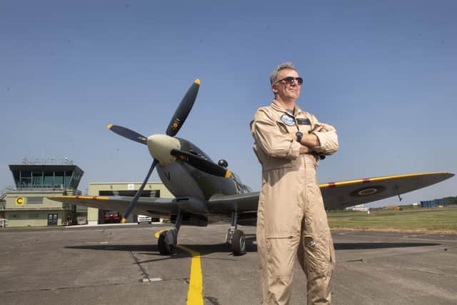 Pilot Mark Levy is pictured with the Spitfire  Picture taken by Yorkshire Post Photographer Simon Hulme.