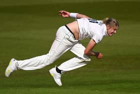 Effort ball: Australian fast bowler Mickey Edwards steams in for Yorkshire on his debut at Hove. Photo by Mike Hewitt/Getty Images.
