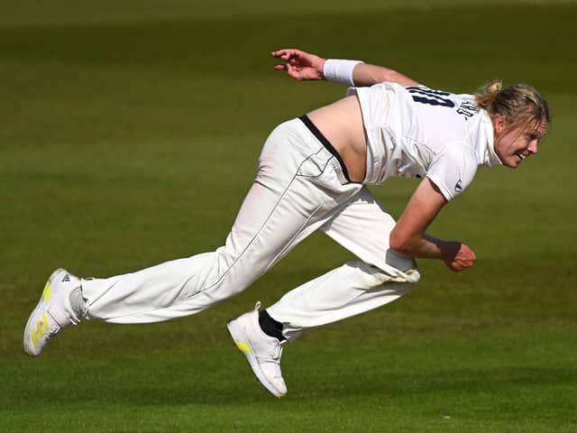Effort ball: Australian fast bowler Mickey Edwards steams in for Yorkshire on his debut at Hove. Photo by Mike Hewitt/Getty Images.