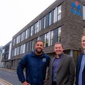From left, Vuba Managing Director Sean Scott, with Wykeland’s Property Director Neil Riseham and Development Manager Tom Watson outside Vuba’s new headquarters at Hull’s @TheDock tech campus. (Photo supplied on behalf of Wykeland)