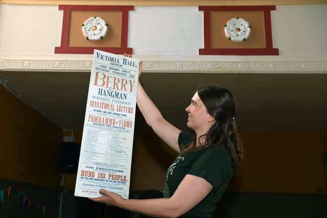 Finance, Administrative and Archive officer Josie Guthrie, with an advertising poster. Photographed for the Yorkshire Post by Jonathan Gawthorpe.