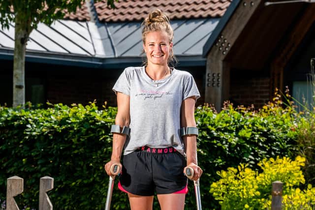 Jockey Joanna Mason, aged 33. Jo broke her ankle recently when she fell when her horse spooked whilst riding on the gallops. Jo also received treatment at the centre in 2016 when she fell of a point-to-point horse and broke her back. .