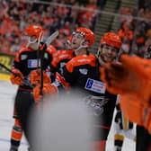 STRIKE TWO: Rob Dowd celebrates what turned out to be the game-winning goal against Nottingham Panthers in the Challenge Cup, Group C clash in Sheffield. Picture courtesy of Dean Woolley/EIHL.