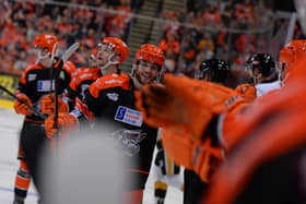 STRIKE TWO: Rob Dowd celebrates what turned out to be the game-winning goal against Nottingham Panthers in the Challenge Cup, Group C clash in Sheffield. Picture courtesy of Dean Woolley/EIHL.