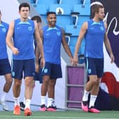 DOHA, QATAR - DECEMBER 09: Harry Maguire of England takes to the field with teammates during the England training session on match day -1 at Al Wakrah Stadium on December 09, 2022 in Doha, Qatar. (Photo by Robert Cianflone/Getty Images)