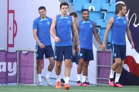 DOHA, QATAR - DECEMBER 09: Harry Maguire of England takes to the field with teammates during the England training session on match day -1 at Al Wakrah Stadium on December 09, 2022 in Doha, Qatar. (Photo by Robert Cianflone/Getty Images)