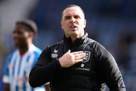 HUDDERSFIELD, ENGLAND - OCTOBER 09: Mark Fotheringham, Manager of Huddersfield Town, reacts after the final whistle of the Sky Bet Championship between Huddersfield Town and Hull City at John Smith's Stadium on October 09, 2022 in Huddersfield, England. (Photo by Charlotte Tattersall/Getty Images)
