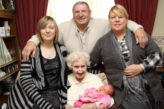 Five Generations at Boythorpe in 2010, Great-great-gran Eunice Moore with baby Grace-Louise Hewitt, with back left to right, Kelly Hewitt (mum), Terry Moore (great-grandad) and Angela Hewitt (grandmother).