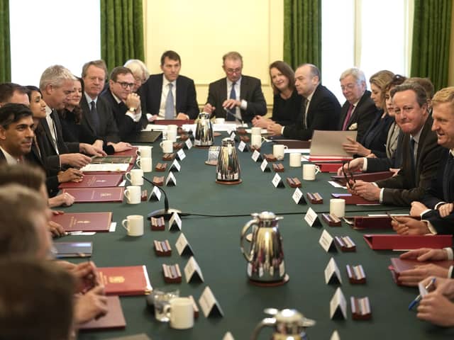 Rishi Sunak and his new Foreign Secretary David Cameron attend a Cabinet meeting inside 10 Downing Street.