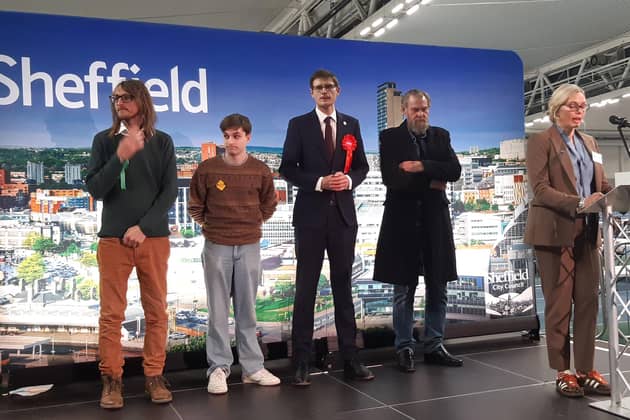 The announcement of the Walkley ward result at the Sheffield City Council election count, May 8, 2026. Council leader Tom Hunt is third from left and Green Party victor Andy Davies is pictured left. Picture: Julia Armstrong, LDRS