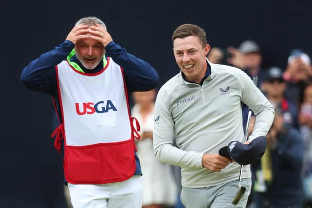 Sheffield's Matt Fitzpatrick of England celebrates with caddie Billy Foster after winning the US Open at Brookline. (Picture: Andrew Redington/Getty Images)