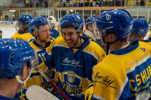 LOVING IT: Zach Brooks shares a joke with Leeds Knights team-mates. Picture courtesy of Oliver Portamento.
