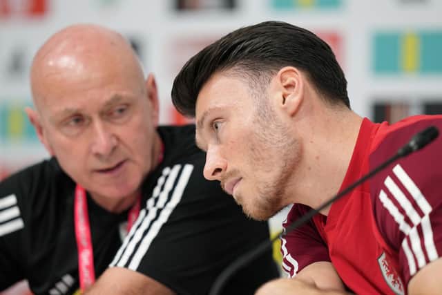 LEADING MAN: Wales' Kieffer Moore during a press conference at the Al Sadd Sports Club in Doha, Qatar. Picture: Peter Byrne/PA