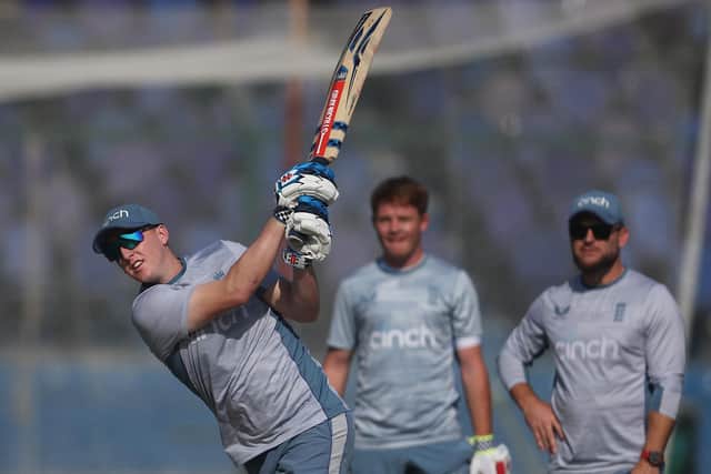Yorkshire's Harry Brook warms up in the nets ahead of the final Test. Photo by Matthew Lewis/Getty Images.
