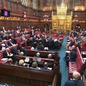 The chamber of peers in the House of Lords, London