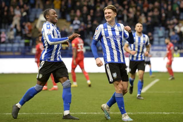 George Byers celebrates his first and Sheffield Wednesday's fifth goal against MK Dons. Picture: Steve Ellis