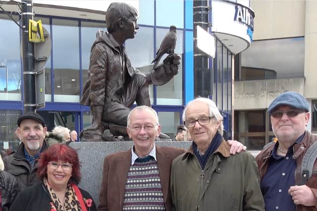 Barry Hines Memorial unveiling with left to right sculptor Graham Ibbeson, author campaigner Milly Johnson, Kes icon Billy Casper actor Dai Bradley, film director Ken Loach and former Barry Hines pupil and sculpture campaign Ronnie Steele.