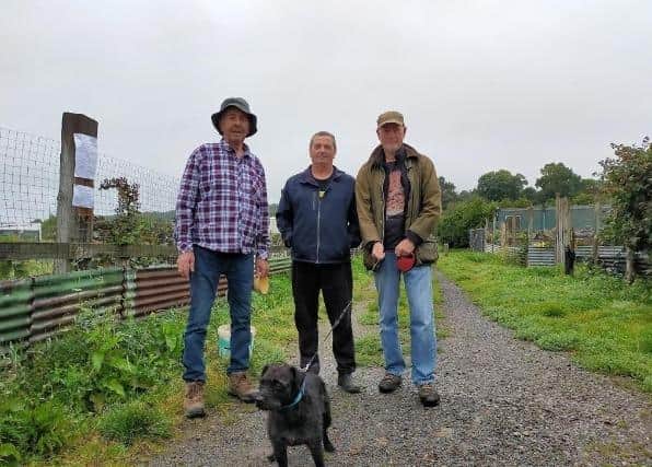 David Mason, far right, with fellow allotment holders Richard and Dave at the Great Ayton allotments site. Picture/credit: UGC. Free for use for all LDRS partners.