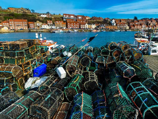 Hundreds of parlour pots (lobster/crab pot) used for commercial fishing stacked along the harbour at Whitby, East Yorkshire.