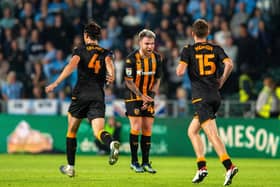 Aaron Connelly celebrates his equaliser for Hull City against Coventry City.(Picture: Bruce Rollinson)