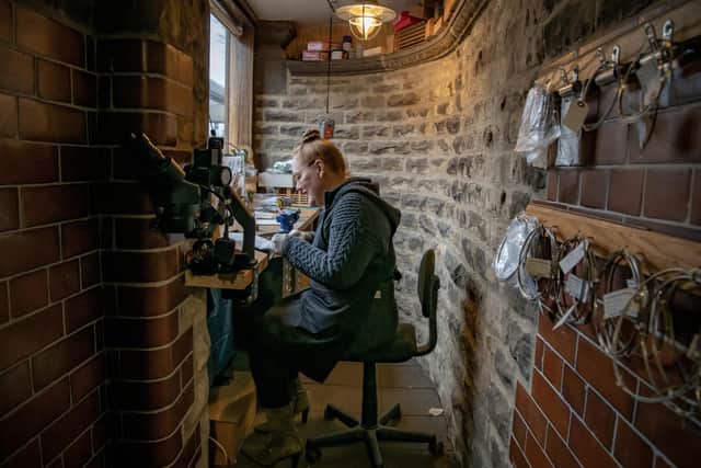 Cutler Grace Horne in her tiny workshop in Sheffield which used to be a men's toilet
Photographed by Tony Johnson for The Yorkshire Post.