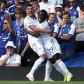 AWAY DAY HEAVEN: Leeds United's Joel Piroe (left) celebrates with team-mate Wilfried Gnonto after scoring scoring his side’s third goal at Portman Road against Ipswich Town. Picture: George Tewkesbury/PA