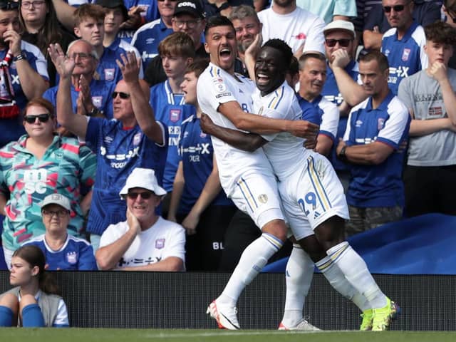 AWAY DAY HEAVEN: Leeds United's Joel Piroe (left) celebrates with team-mate Wilfried Gnonto after scoring scoring his side’s third goal at Portman Road against Ipswich Town. Picture: George Tewkesbury/PA