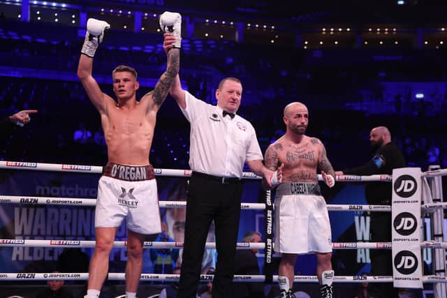 Cory O'Regan has his arm raised. Picture: Mark Robinson/Matchroom Boxing