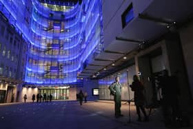 The BBC headquarters at New Broadcasting House is illuminated at night. PIC: Oli Scarff/Getty Images