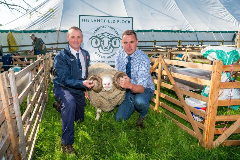 Otley Show, held in Otley, West Yorkshire, one of the first of 50 agricultural society shows to be held in Yorkshire each year. Pictured (left to right) Bruce Kenworthy, and Chris Adamson, directors of Todmorden Show, holding a Dorset Horn Ram, from The Langfield Flock
