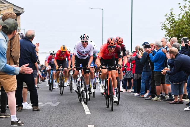 Ben Swift (INEOS Grenadiers) leads the Tour of Britain peloton up Saltburn Bank in 2024 (Picture: Will Palmer/SWpix.com)