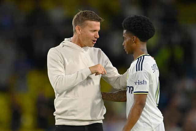 Jesse Marsch speaks to Crysencio Summerville of Leeds United after the Carabao Cup Second Round match between Leeds United and Barnsley at Elland Road on August 24, 2022 in Leeds, England. Picture: Clive Mason/Getty Images.