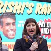 Labour's shadow chancellor Rachel Reeves unveils Labour's poster campaign of what it calls "Rishi's raw deal" for taxpayers. PIC: Stefan Rousseau/PA Wire