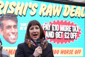 Labour's shadow chancellor Rachel Reeves unveils Labour's poster campaign of what it calls "Rishi's raw deal" for taxpayers. PIC: Stefan Rousseau/PA Wire