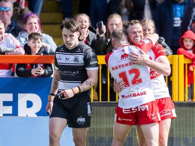 One-sided: Hull KR's Joe Burgess celebrates his second try against Hull FC. (Picture: Allan McKenzie/SWPix.com)