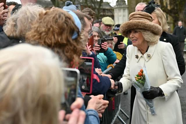 Queen Camilla meets well-wishers following the Royal Maundy Service at Worcester Cathedral. PIC: Justin Tallis/PA Wire
