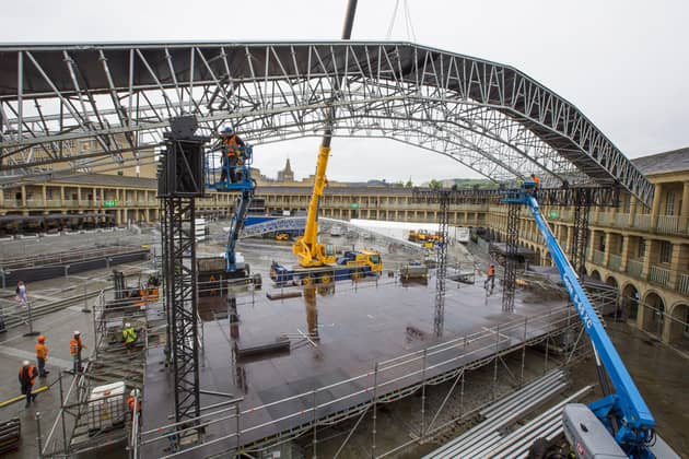 Stage for concerts under construction at The Piece Hall.