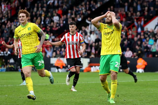 MISSING OUT: Norwich City's Teemu Pukki reacts after a late penalty is saved by Sheffield United goalkeeper Adam Davies at Bramall Lane. Picture: Barrington Coombs/PA