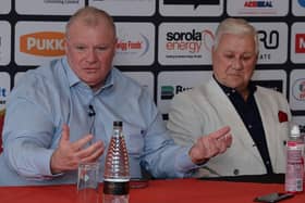 Rotherham United chairman Tony Stewart (right), pictured alongside Steve Evans at his managerial unveiling after returning to the club in April. Picture: Kerrie Beddows.