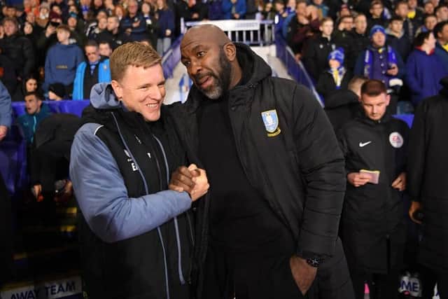 DELIGHTED: Sheffield Wednesday's Darren Moore (right) won the battle of the unbeaten managers against Newcastle United's Eddie Howe