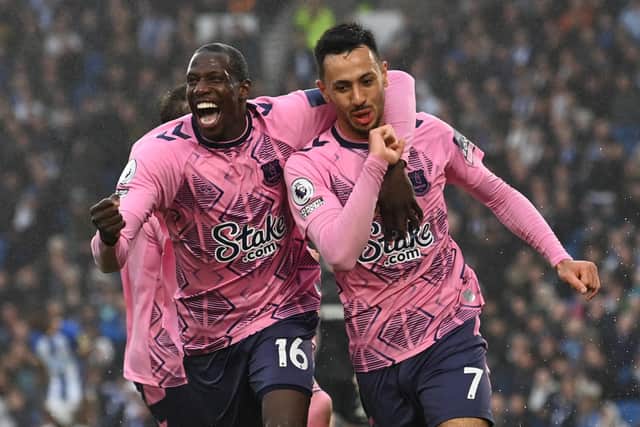 Everton's England midfielder Dwight McNeil (R) celebrates with Everton's French midfielder Abdoulaye Doucoure (L) after scoring their fourth goal at Brighton (Picture: Getty Images)