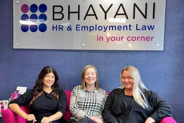Managing director Jay Bhayani, left, with charity engagement partner Charlotte Swinhoe, centre, and Phoebe Davies, HR advisor, right.
