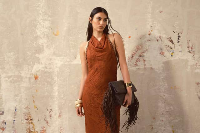 Topshop broderie occasion maxi dress with beaded trim in rust, £120.