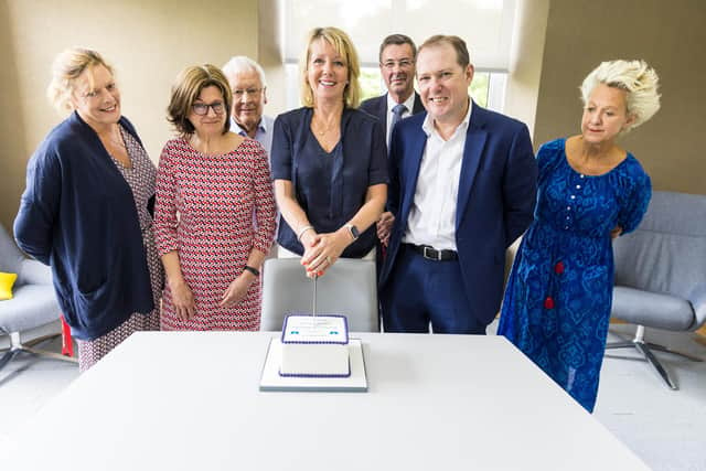The Skipton Building Society Charitable Foundation Trustees celebrate the £3m donation milestone with a cake created by local small business, Every Cloud Cakes & Bakes. From left to right: Amelia Vyvyan, Debra Ewing, John Dawson, Alison Davies, Graham Hamilton, Gregory Bell and Kitty North. Picture: Danny Payne